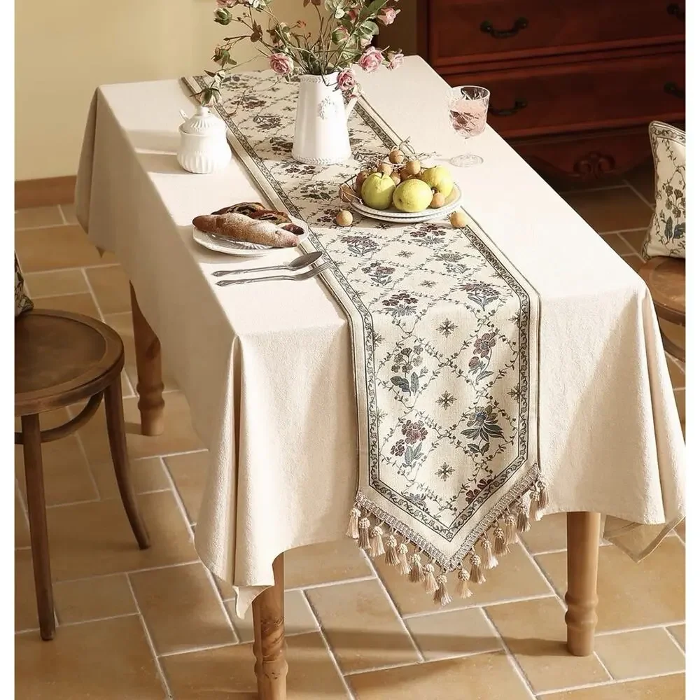 patdrea Designer Vintage Floral Linen Table Runner 87 Inch Long, Beige